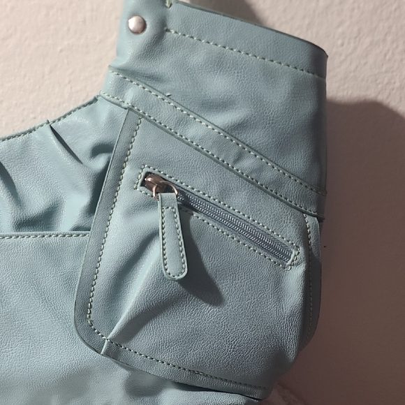 Y2K Blue Faux Leather Shoulder Bag | Slouchy Mini Tote w/ Zip Pockets - Picture 6 of 16
